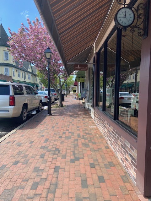 Picture of Amityville cars parked on a tree-lined street and brick-laid sidewalk with stores